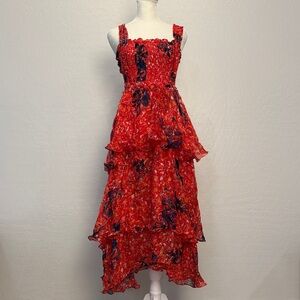 Elegant Red Floral High Low Dress